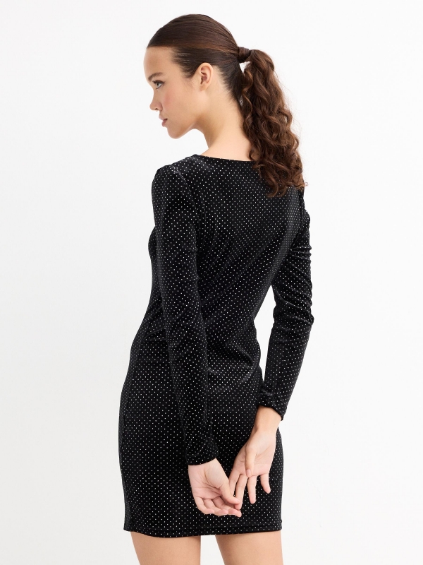 Black velvet mini dress with glitter black three-quarter back view