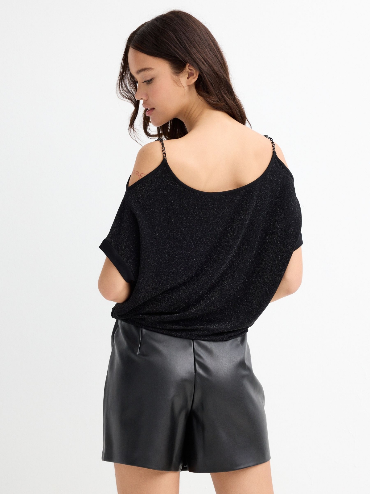 Lurex boat neck t-shirt black middle back view