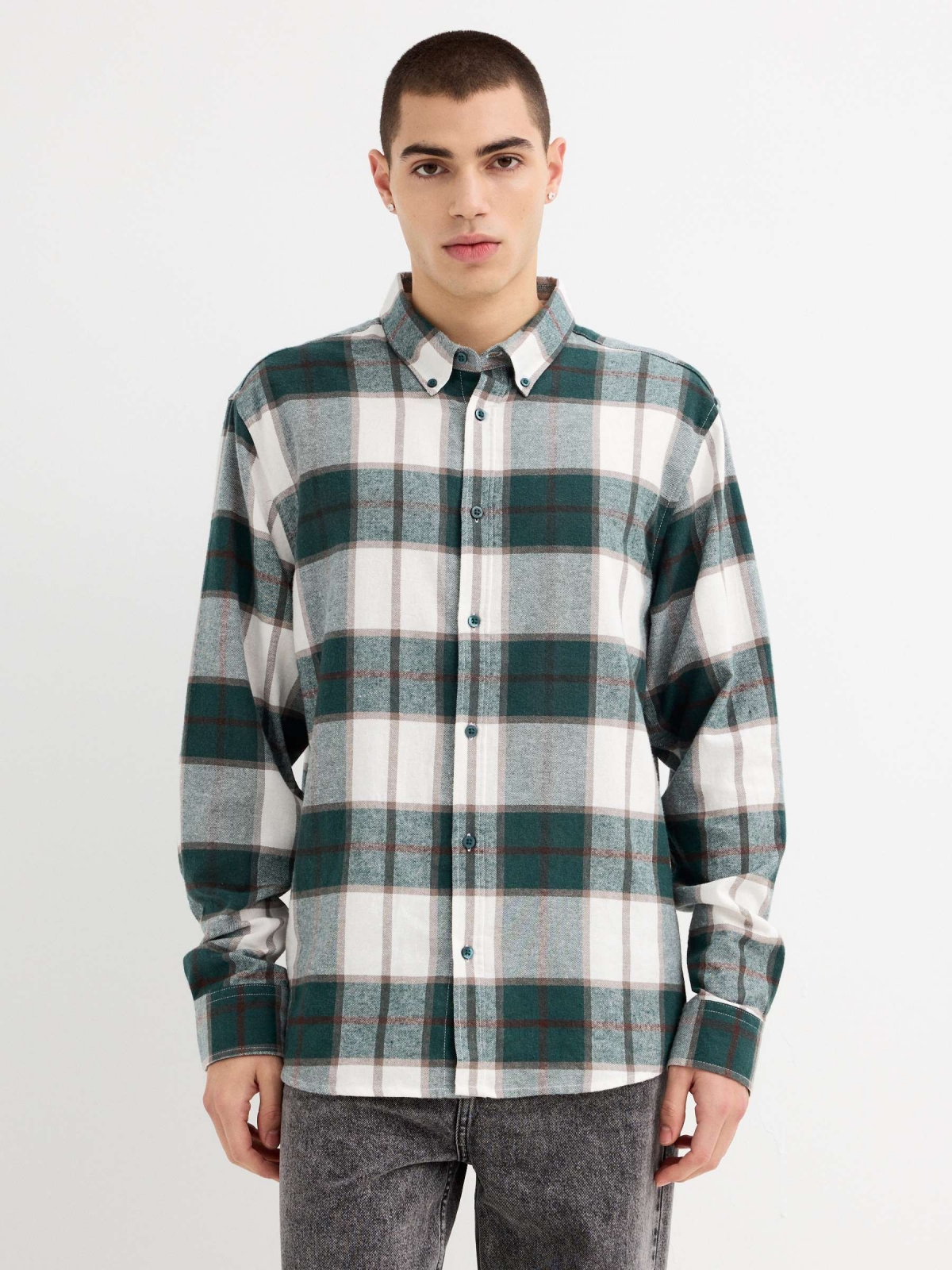 Green plaid flannel shirt green general front view