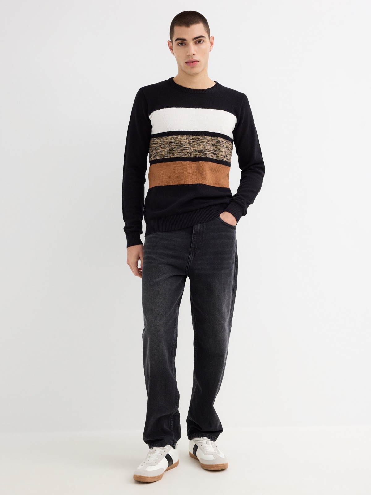 Striped knit sweater black general front view