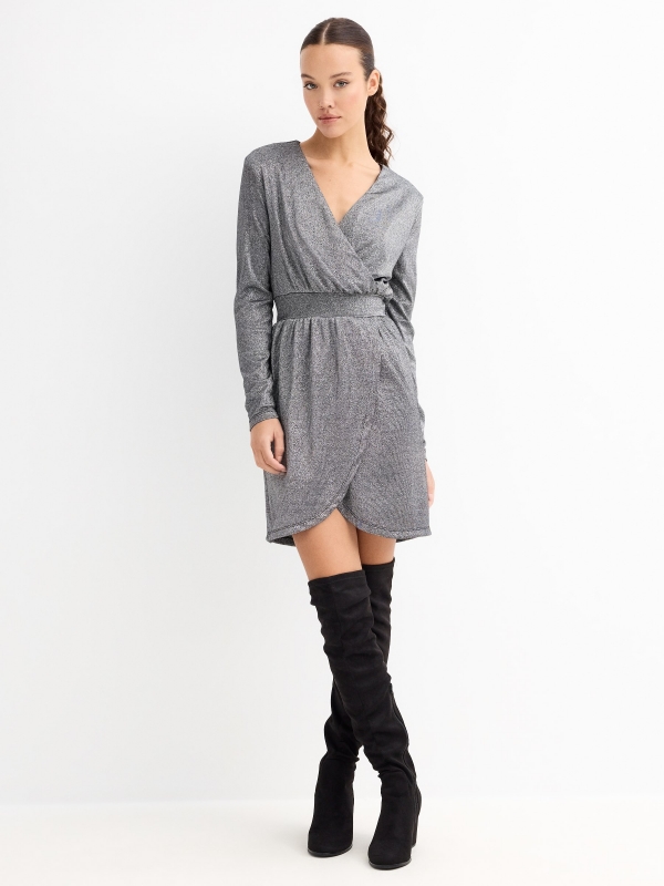 Long sleeve mini dress lurex grey general front view