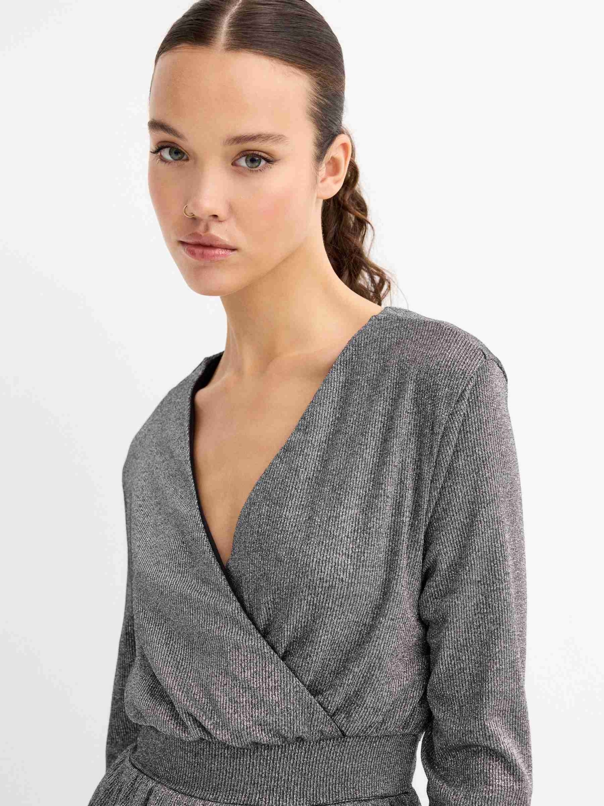 Long sleeve mini dress lurex grey front detail view