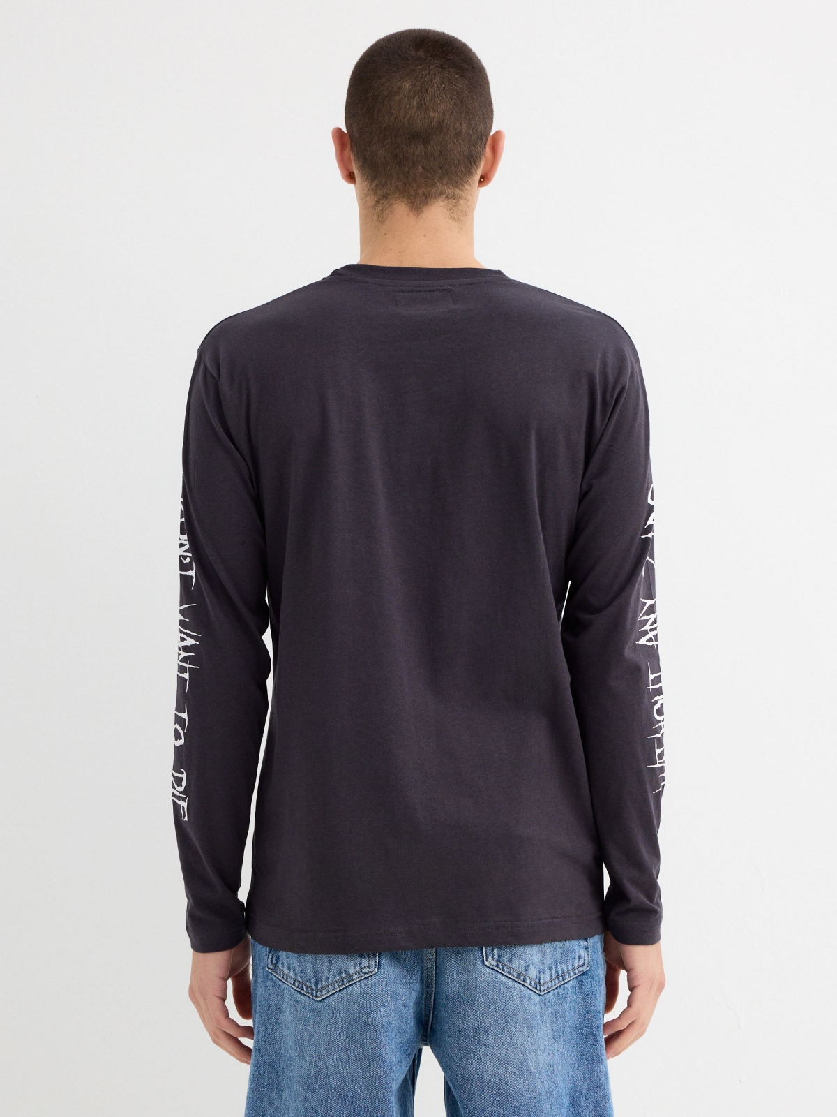 Long sleeve grey graphic t-shirt dark grey middle back view