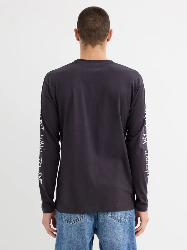 Long sleeve grey graphic t-shirt dark grey middle back view