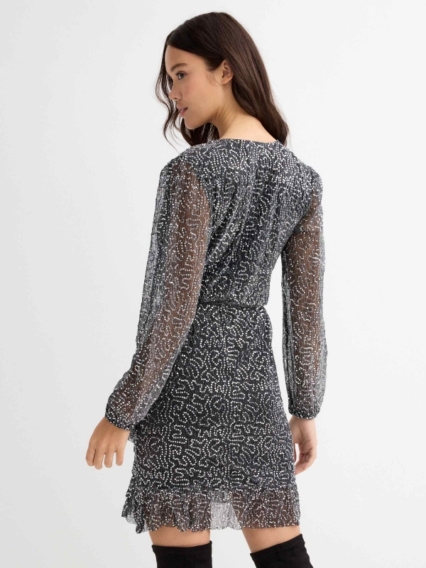 Mini cross over dress with ruffle and sequins silver three-quarter back view