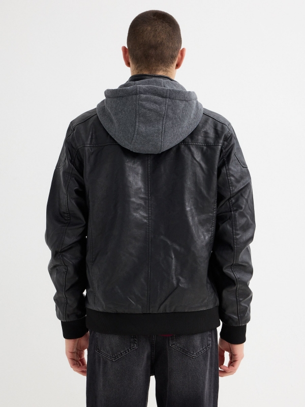 Leather-effect bomber jacket with hood black middle back view