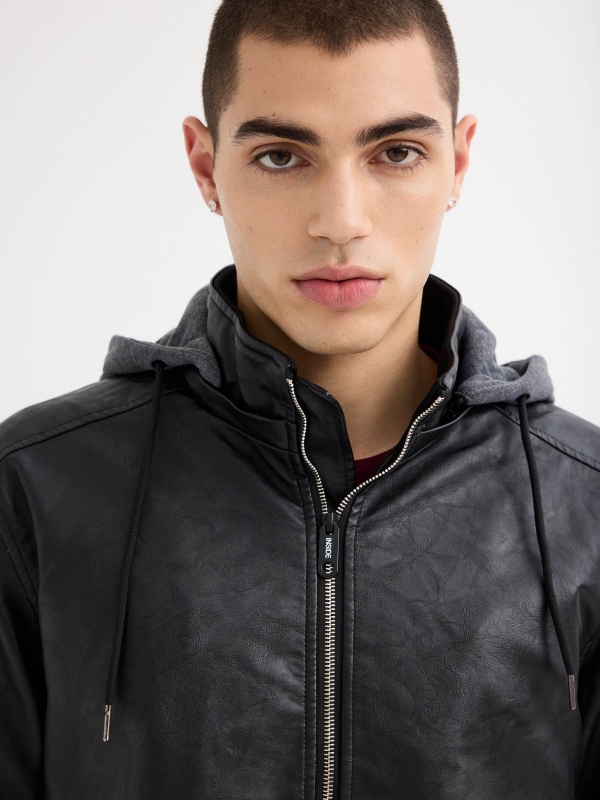 Leather-effect bomber jacket with hood black detail view