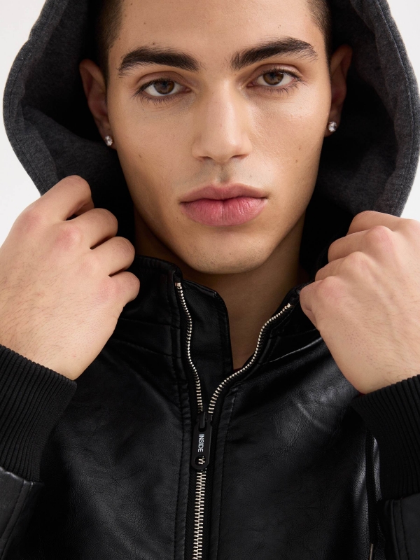 Leather-effect bomber jacket with hood black detail view