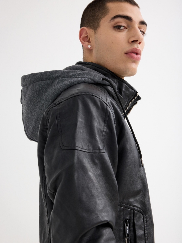 Leather-effect bomber jacket with hood black detail view