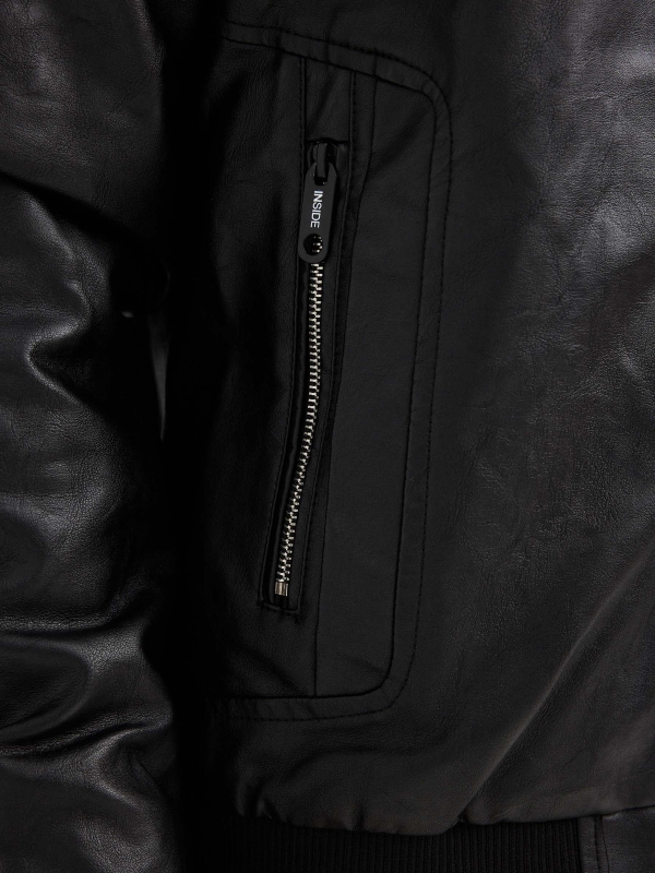 Leather-effect bomber jacket with hood black detail view