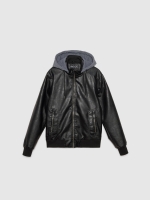 %Pto% Leather-effect bomber jacket with hood black front view