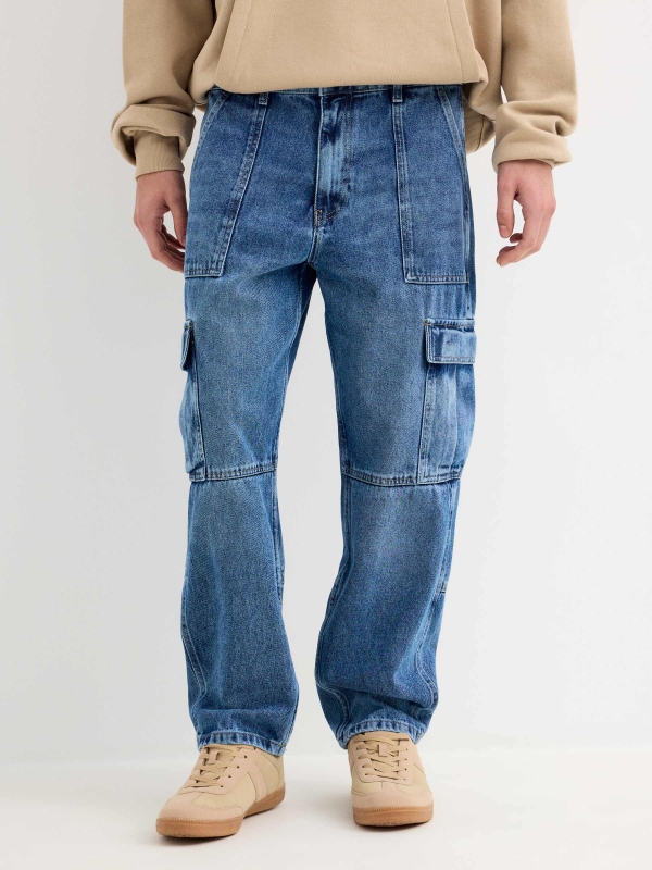 Jean multi-pocket cargo blue middle front view