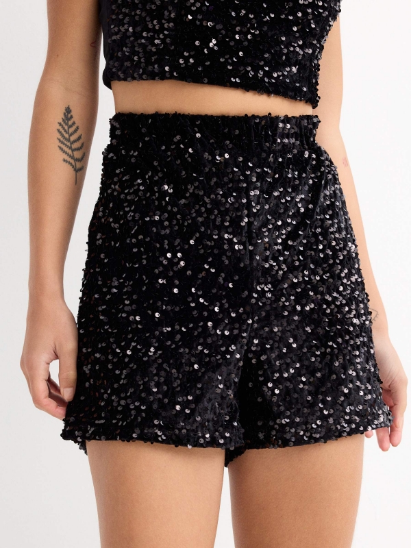 Sequin shorts black front detail view