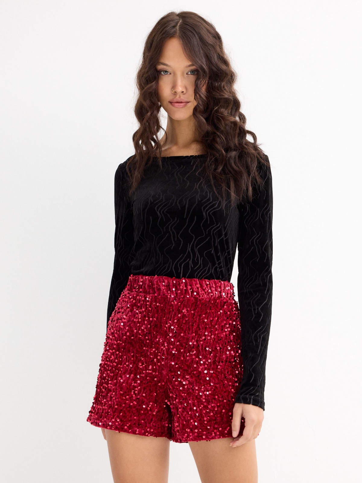 Sequin shorts red middle front view