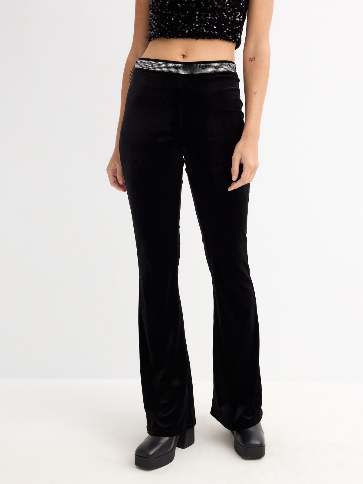 Black velvet flare leggings black middle front view