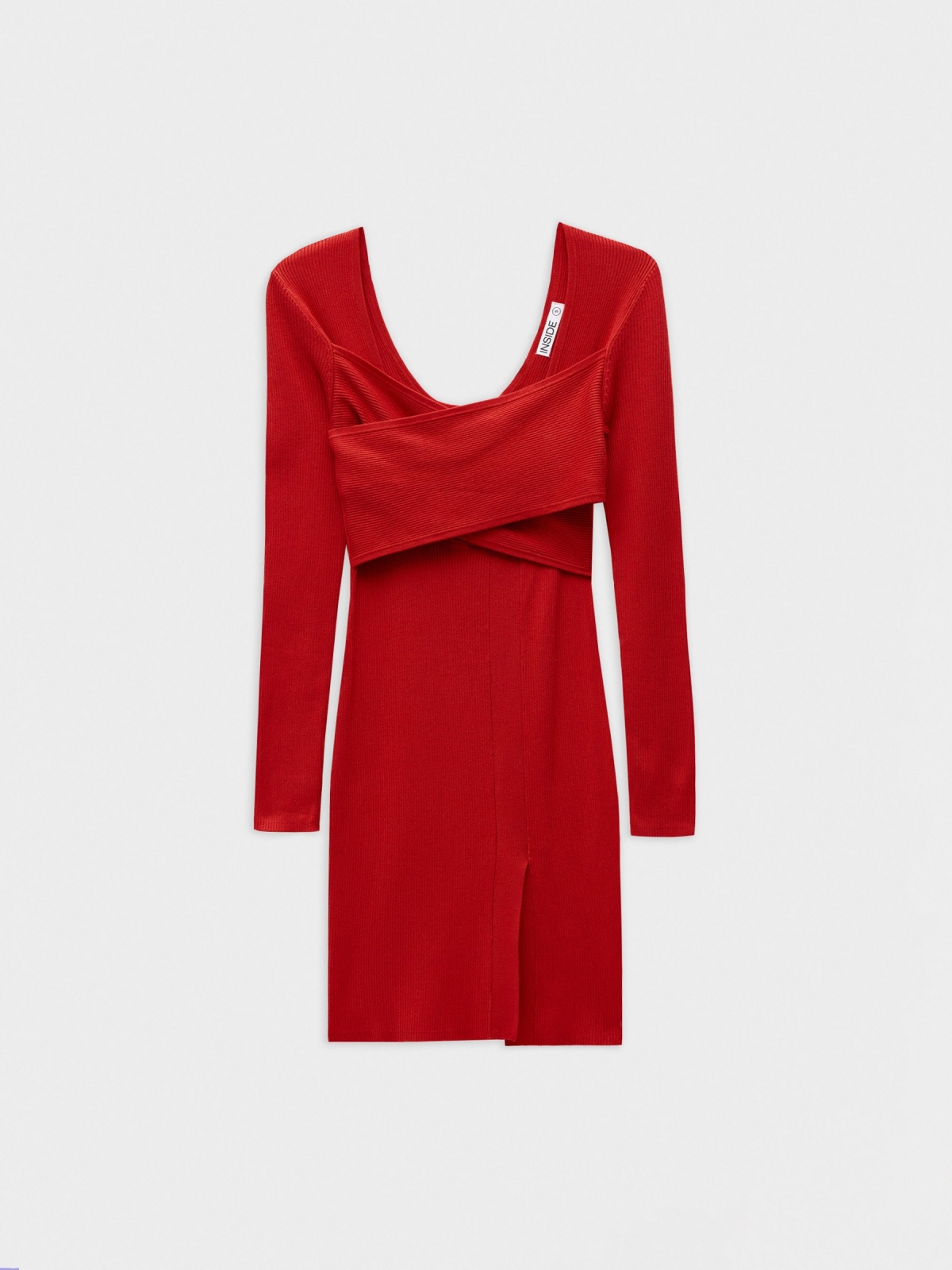 Rib cross neckline dress red detail view