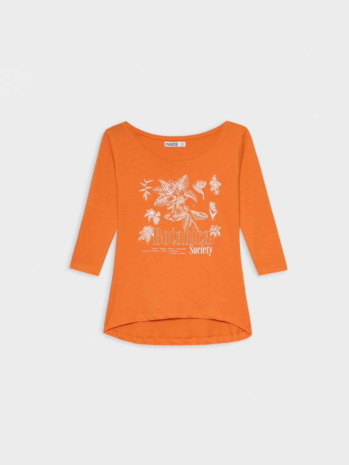  T-shirt manga 3/4 com estampa floral laranja vista frontal