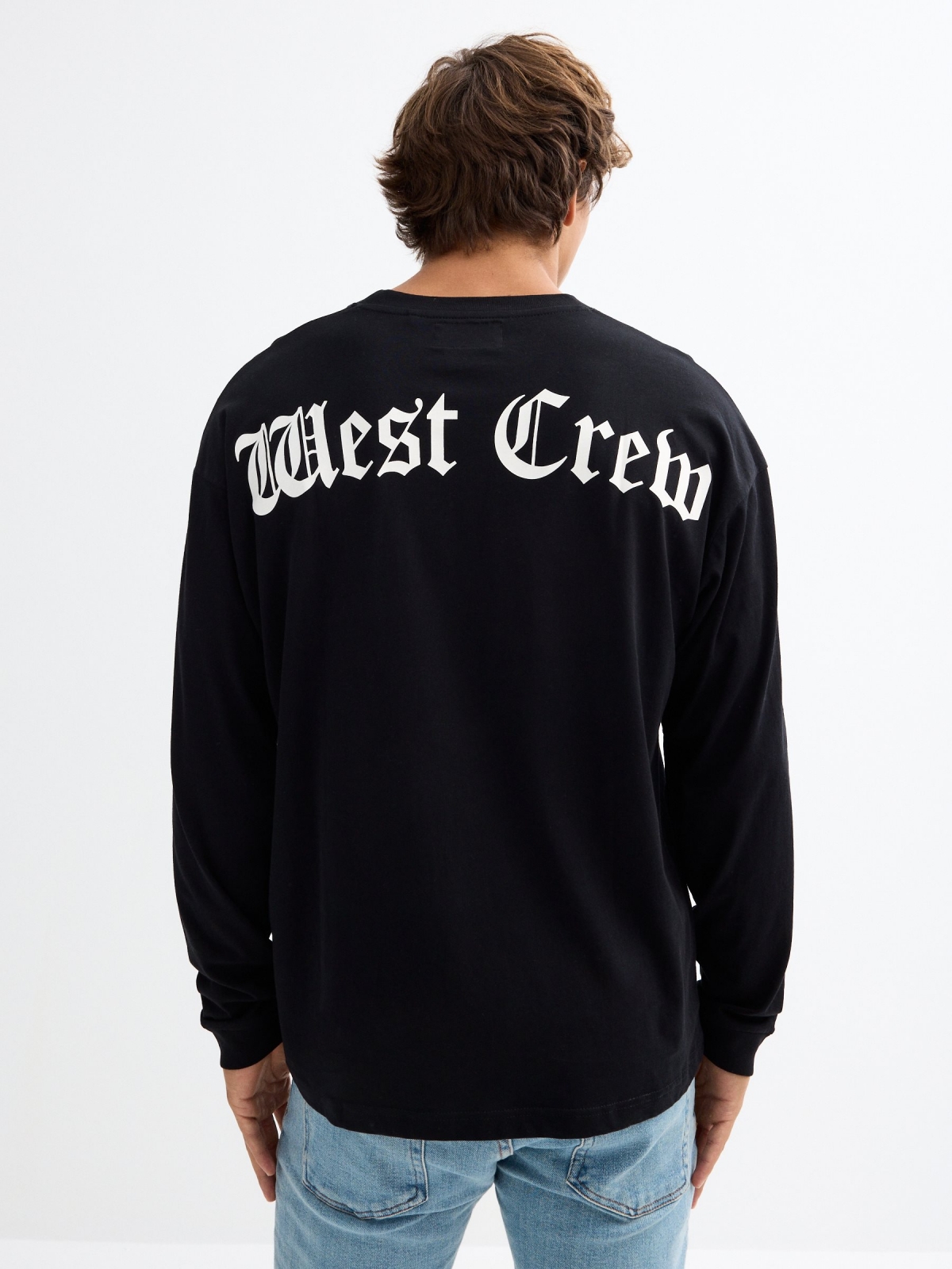 Long sleeve black t-shirt with graphic black middle back view