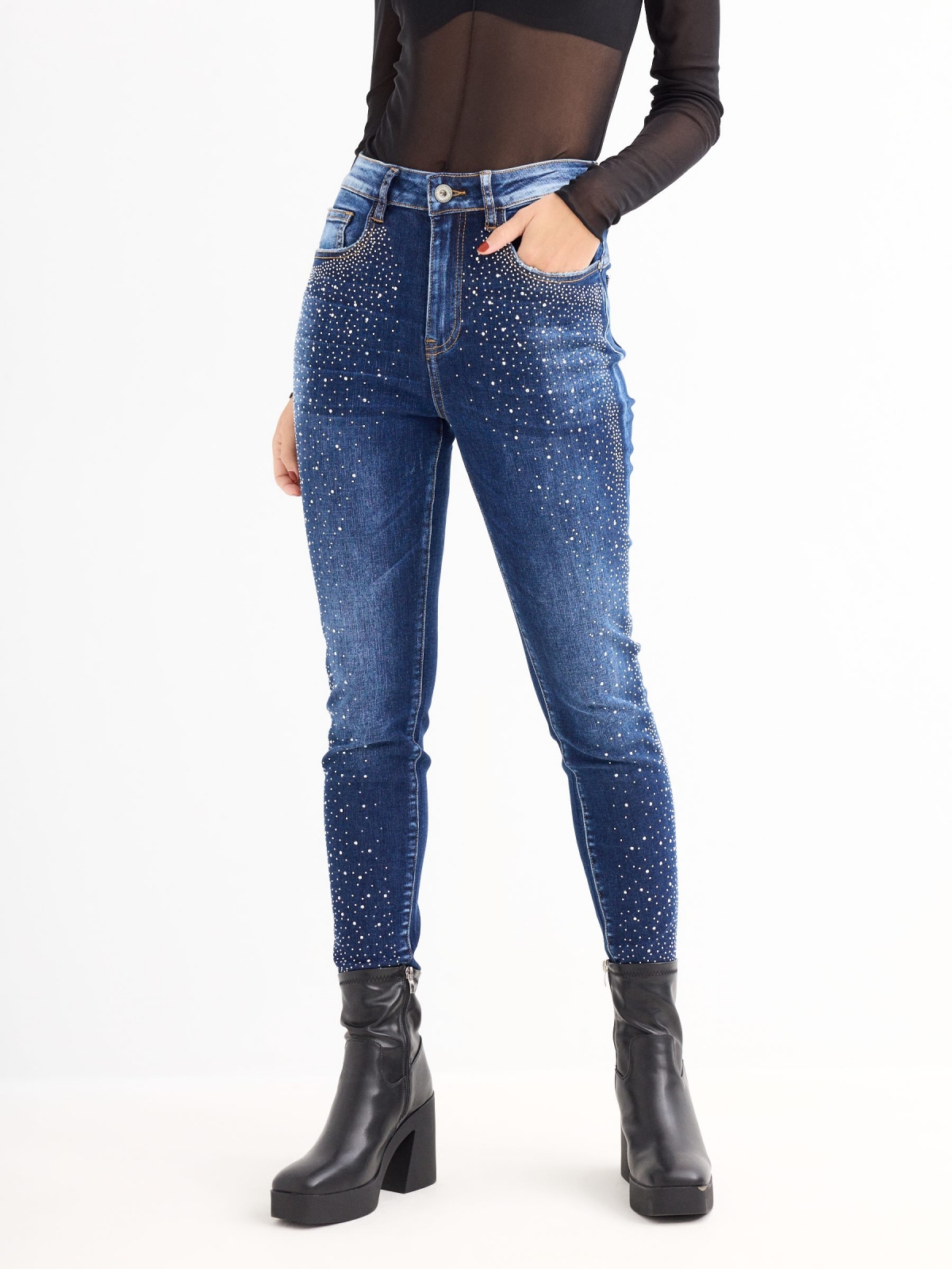 Skinny jeans with shine dark blue middle front view