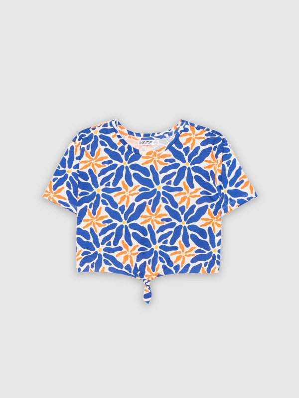 Flower print t-shirt with knot off white detail view