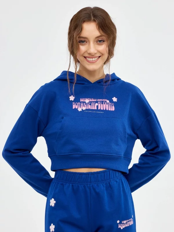 Camisola de malha com bolso canguru azul escuro vista meia frontal