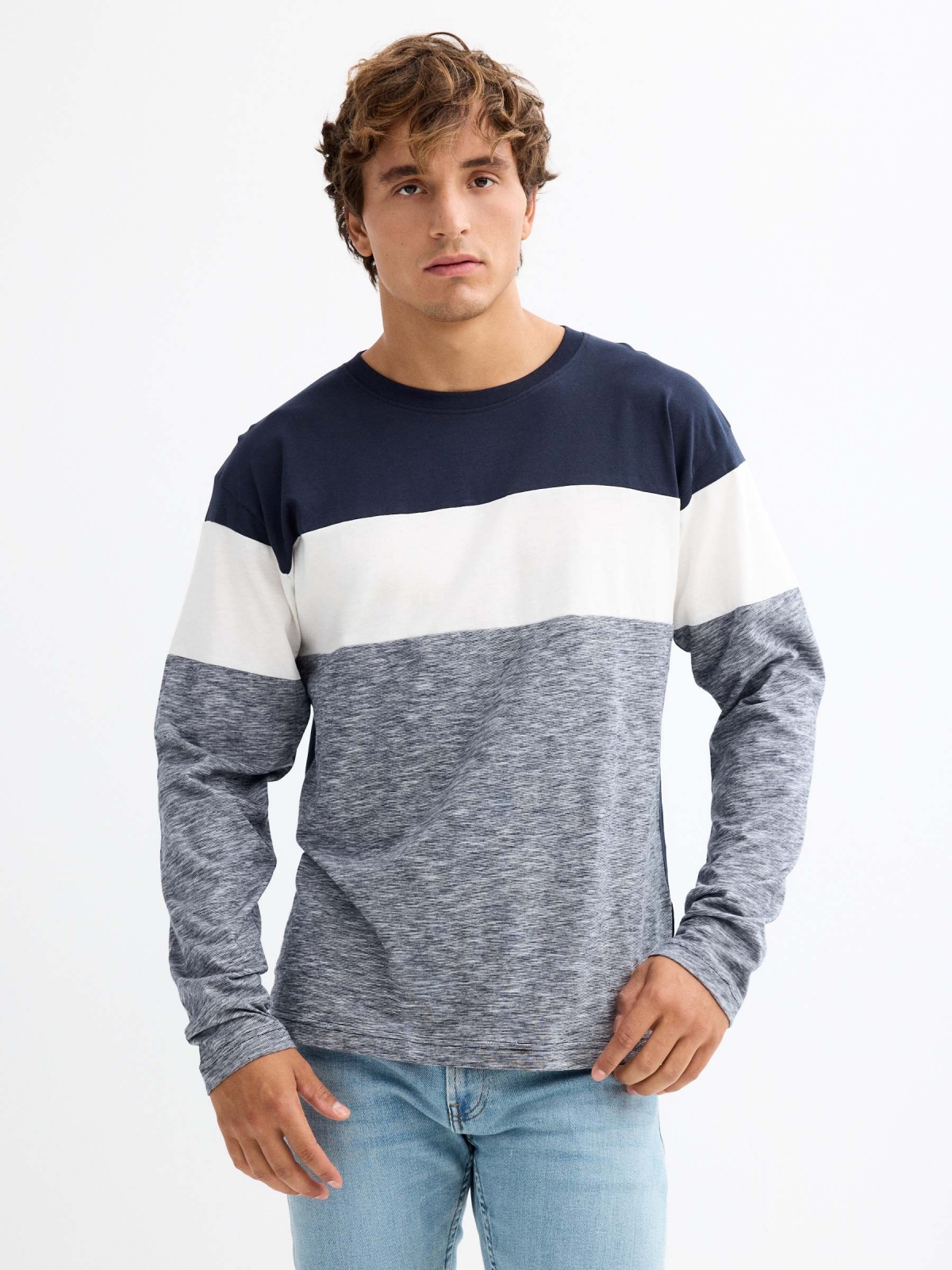 Long sleeve t-shirt in marbled block colour navy middle front view