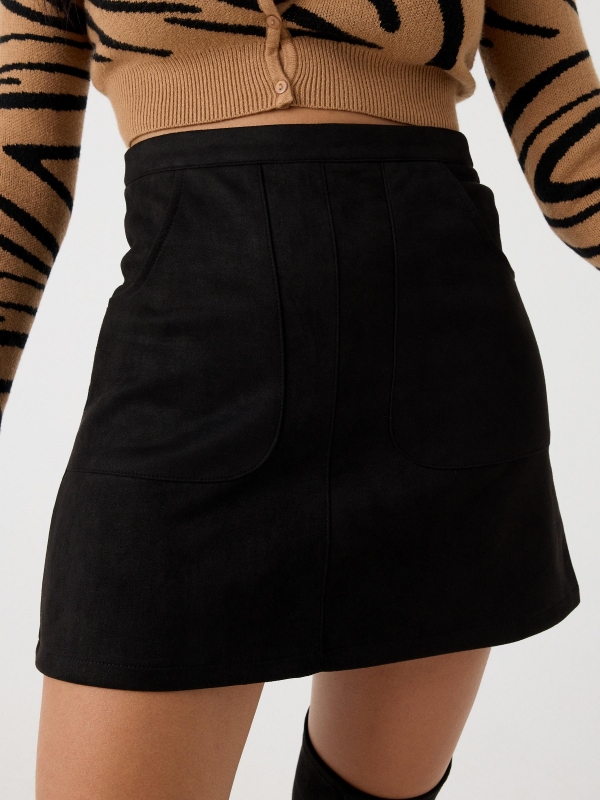 Black suede effect skirt black detail view