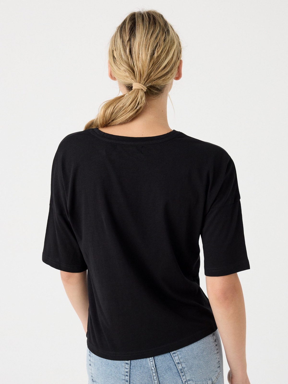 Black printed 3/4 sleeve t-shirt black middle back view