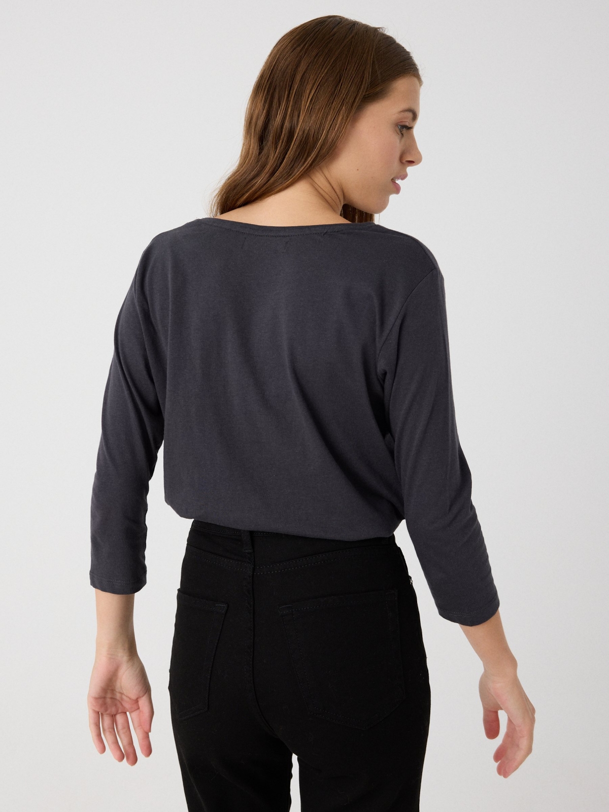 Flock 3/4 sleeve t-shirt grey middle back view