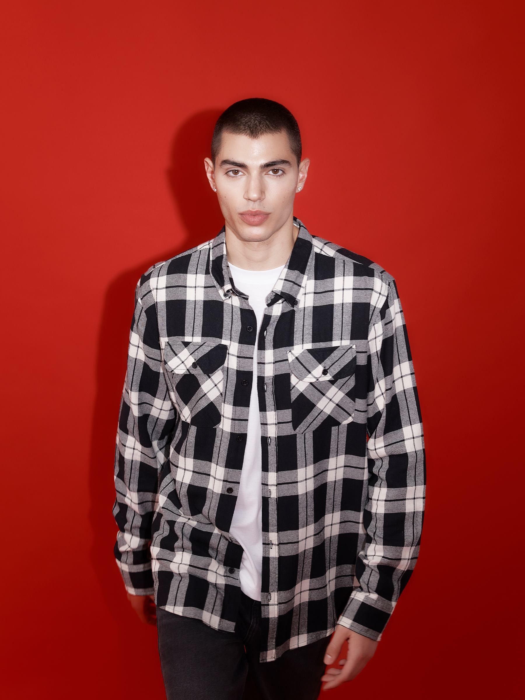 Checked flannel shirt black middle front view