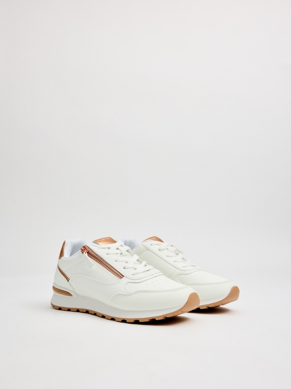 Multi-piece sports shoe with zip fastener white 45º front view