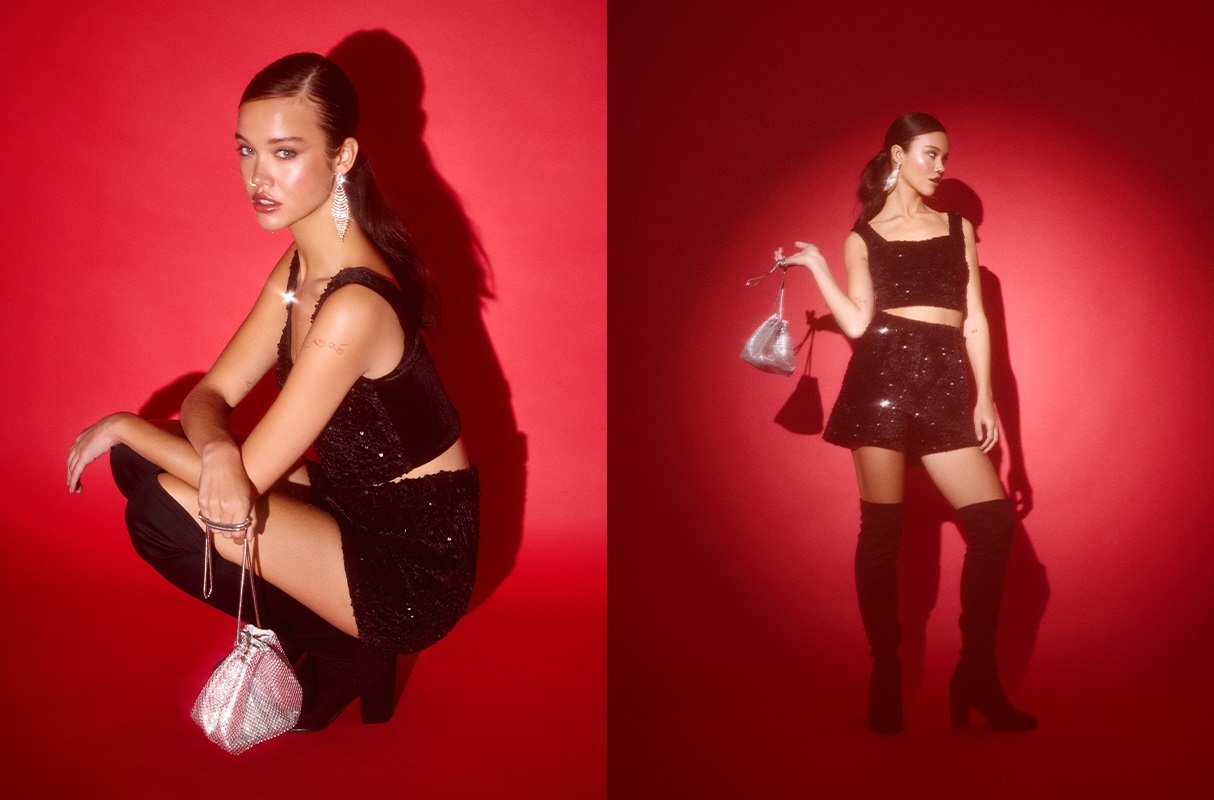 Shorts de lantejoulas preto vista meia frontal