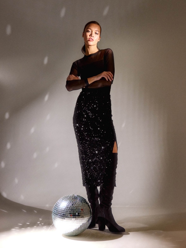  Saia de lantejoulas preta preto