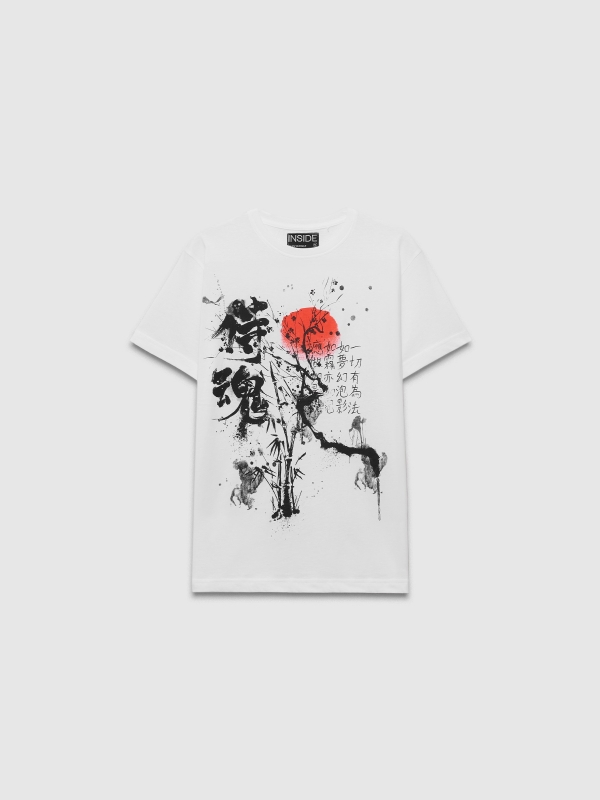  Camiseta de manga curta com estampa oriental branco vista frontal