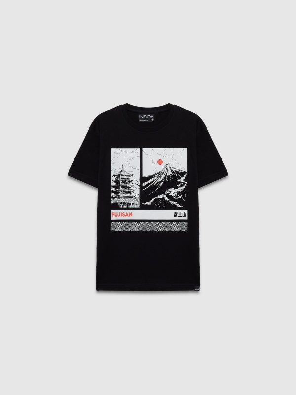  Camiseta manga corta estampado oriental negro vista frontal
