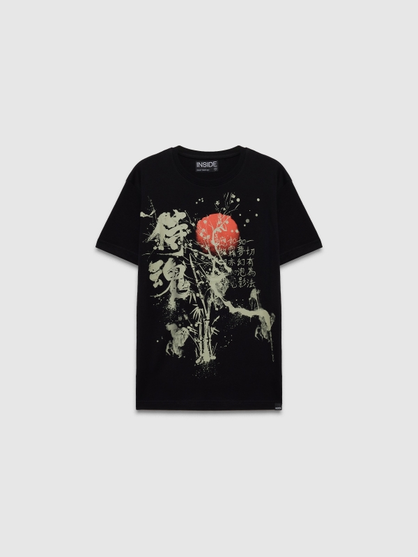  Camiseta de manga curta com estampa oriental preto vista frontal