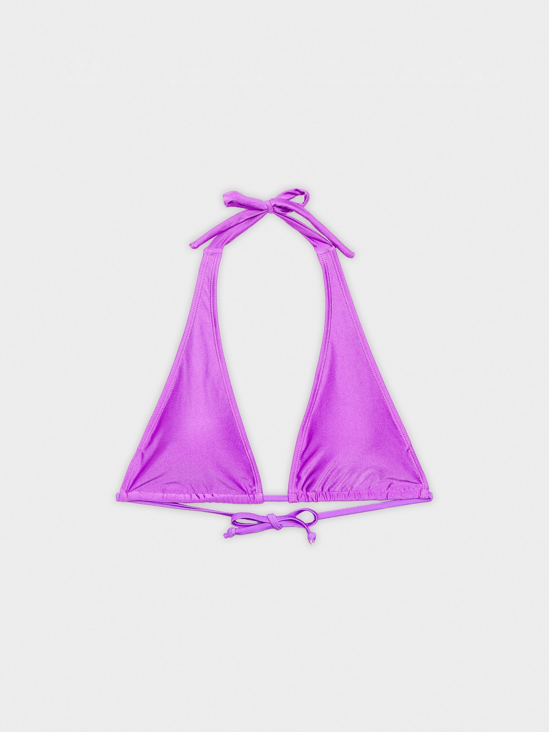 Top triângulo metálico do bikini magenta vista meia frontal
