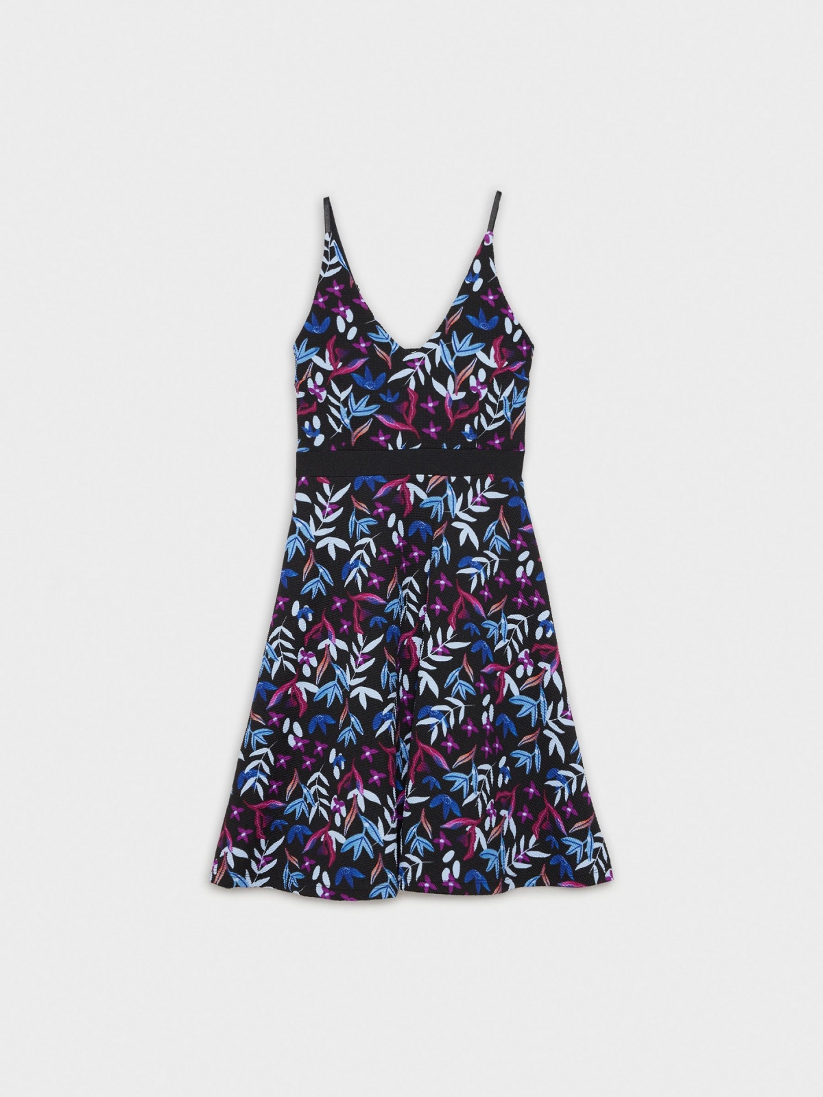  Elastic leaf print dress black front view