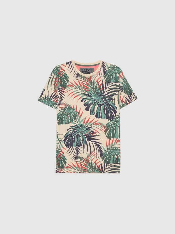  T-shirt com folhas tropicais areia vista frontal