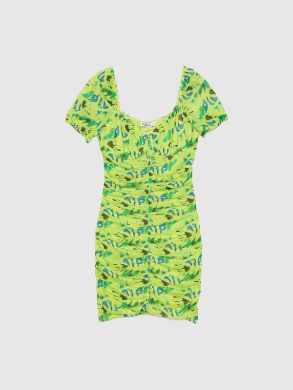  All-over print tulle mini dress lime front view