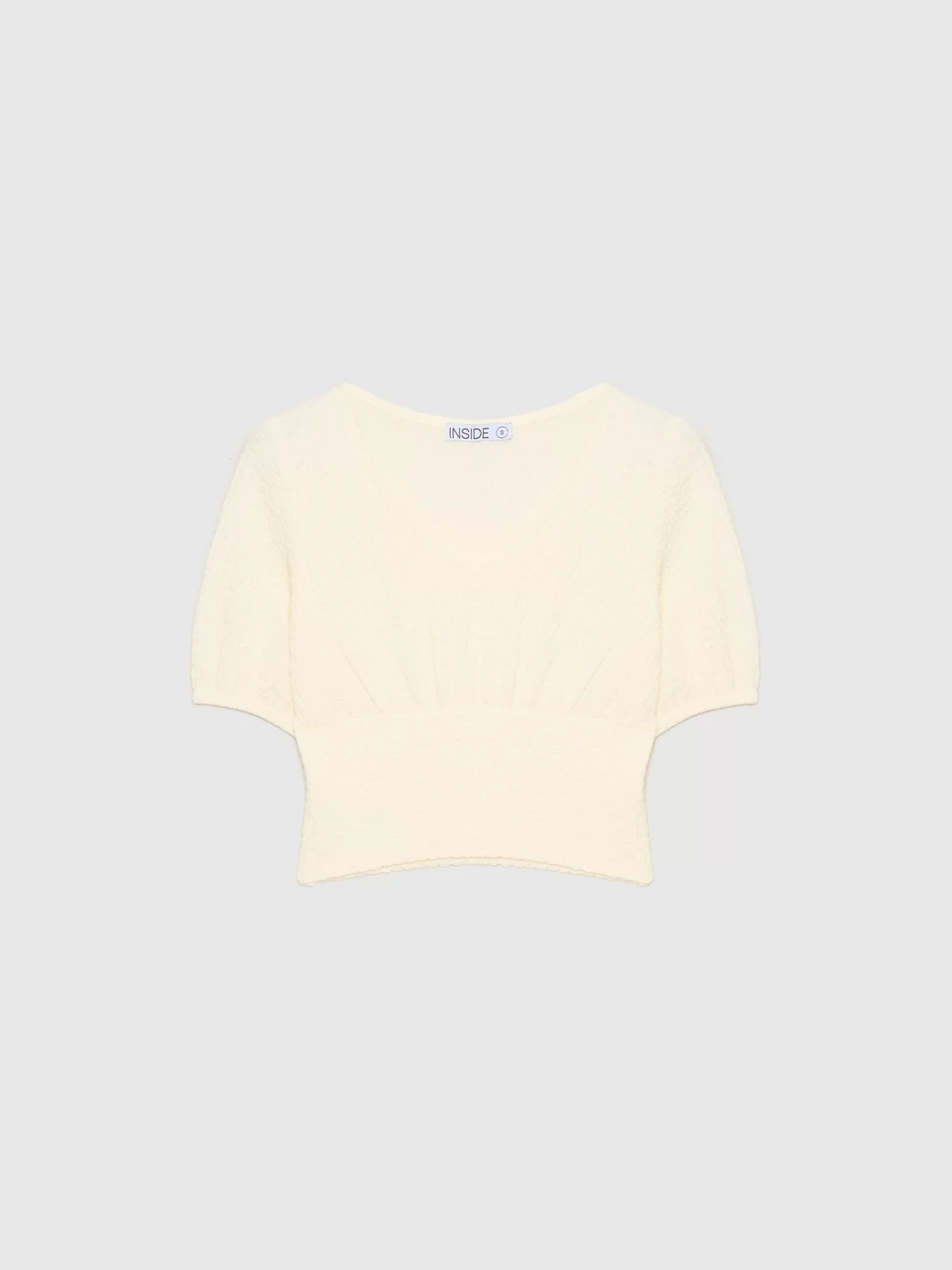  T-shirt com decote em V texturado off white vista frontal
