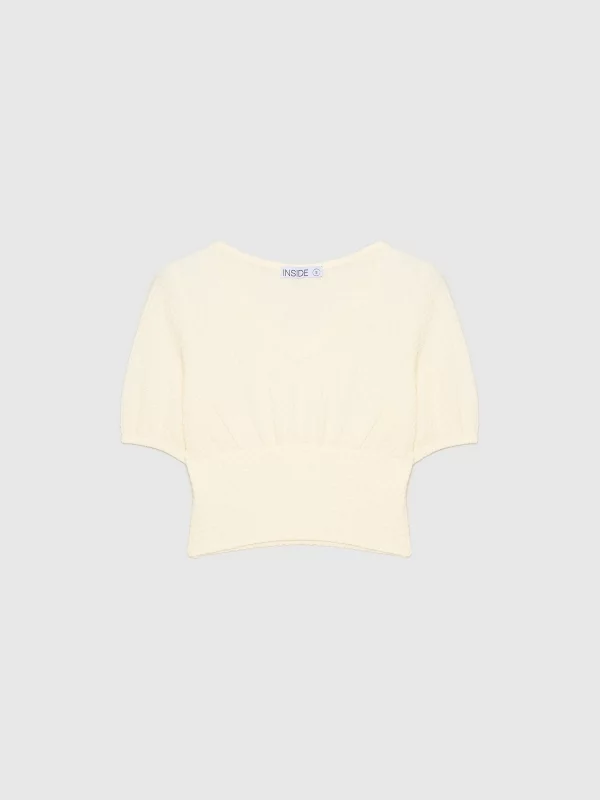  T-shirt com decote em V texturado off white vista frontal