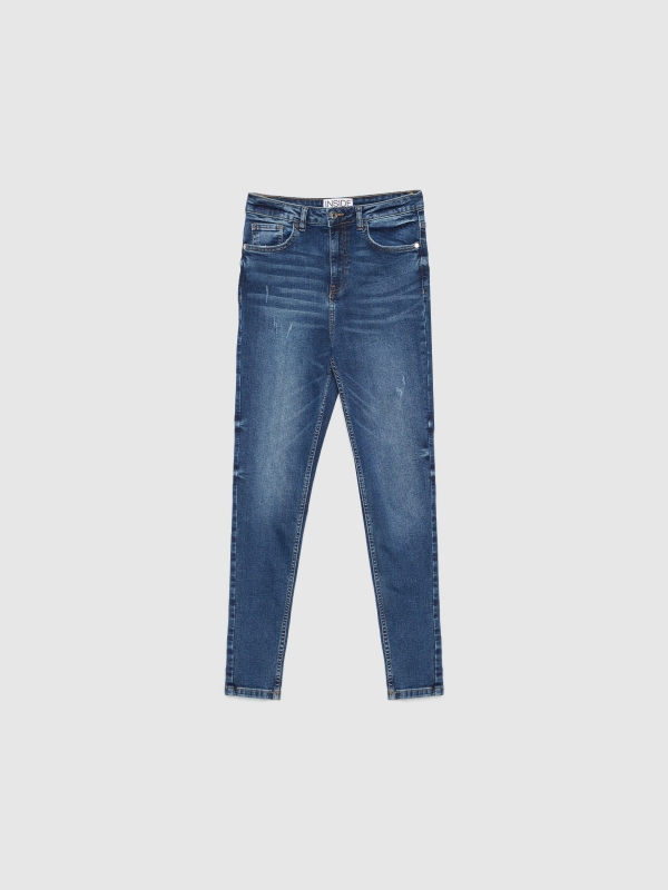  High-waisted skinny jeans with ripped dark blue front view