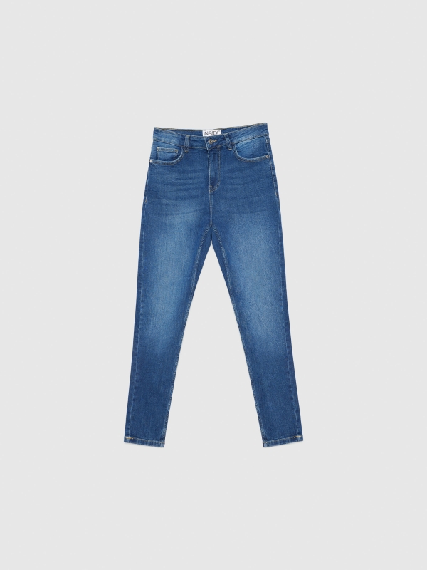  Ripped mid-rise skinny jeans dark blue front view