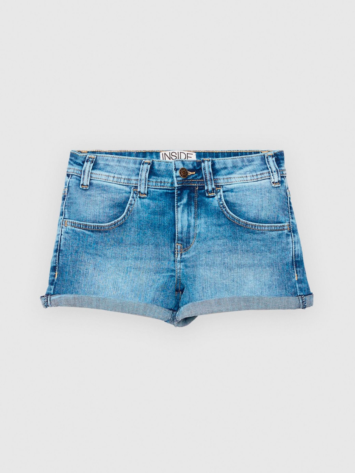  Ripped washed blue denim shorts blue front view