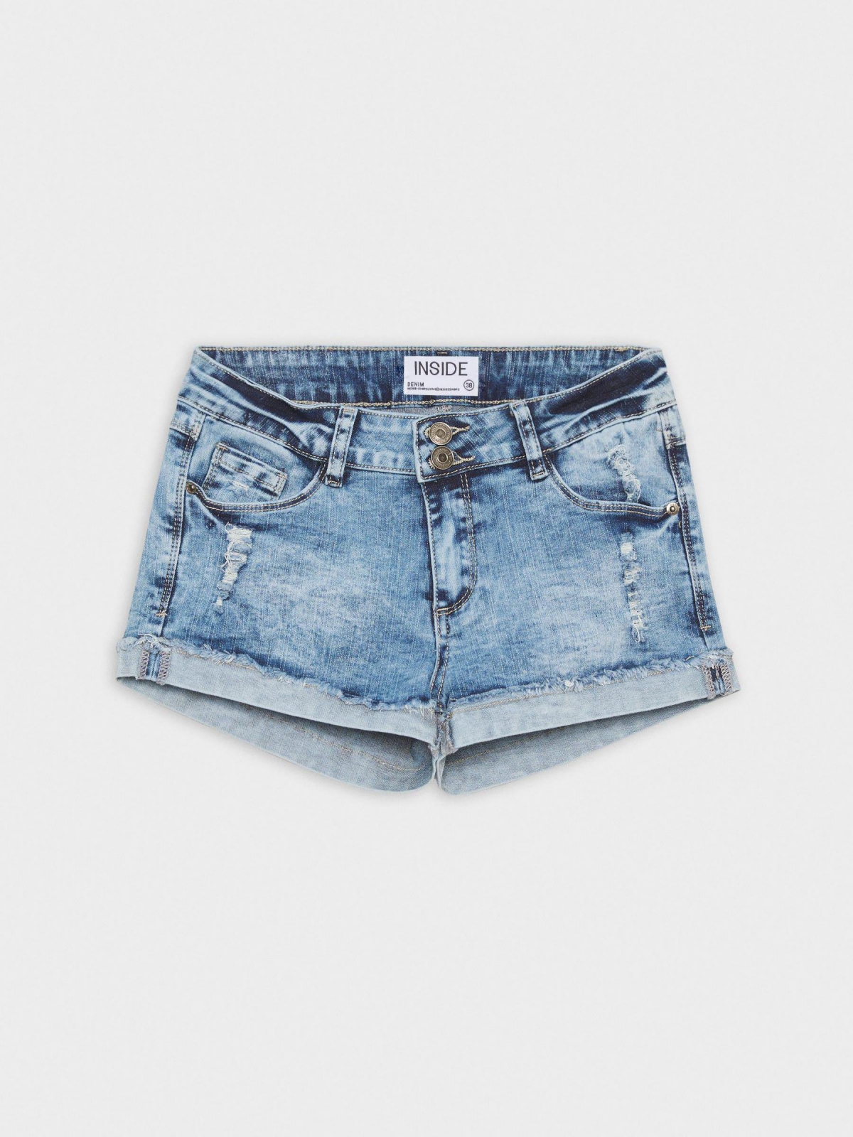  Shorts denim com efeito lavado rasgado azul vista frontal