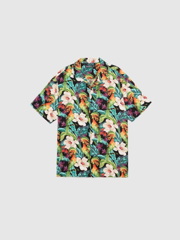  Camisa flores tropicais preto vista frontal