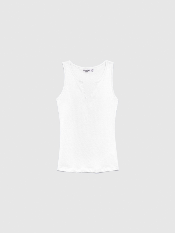  Camiseta cuello pico botones blanco vista frontal