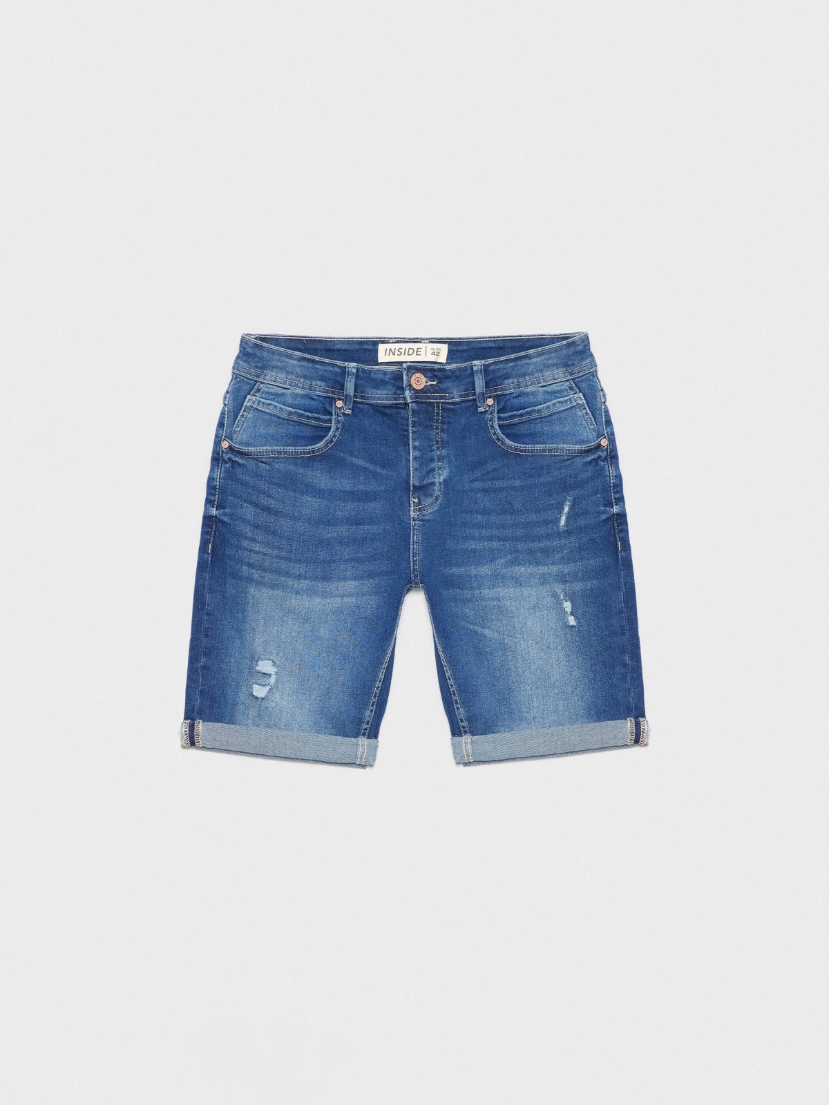  Ripped distressed denim bermuda short blue front view