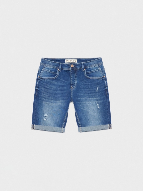  Ripped distressed denim bermuda short blue front view